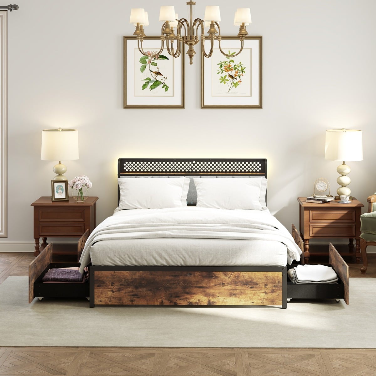 Industrial Metal Platform Bed with LED Lights  and USB Power Outlets -King Size