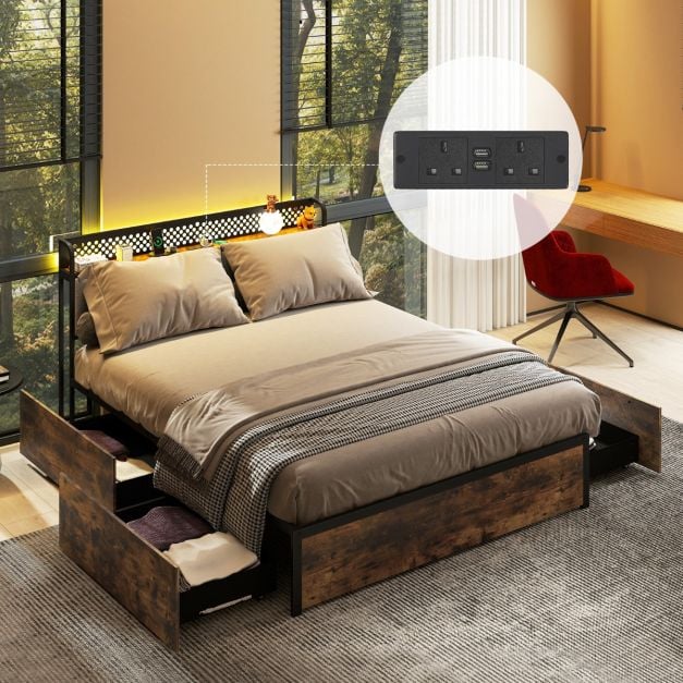 Industrial Metal Platform Bed with LED Lights  and USB Power Outlets -King Size