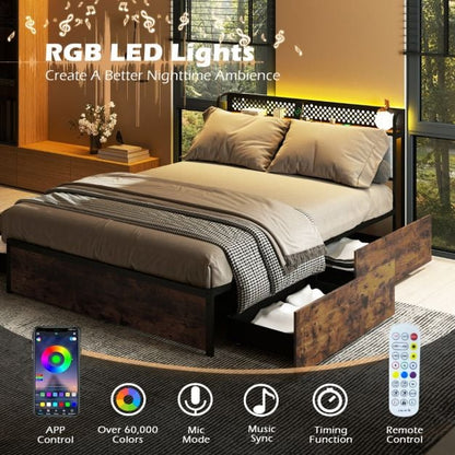 Industrial Metal Platform Bed with LED Lights  and USB Power Outlets -King Size