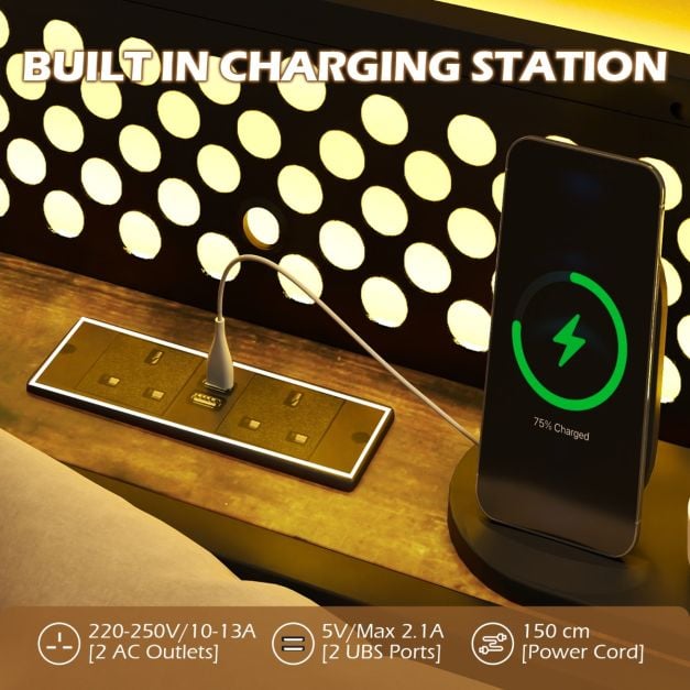 Industrial Metal Platform Bed with LED Lights  and USB Power Outlets -King Size