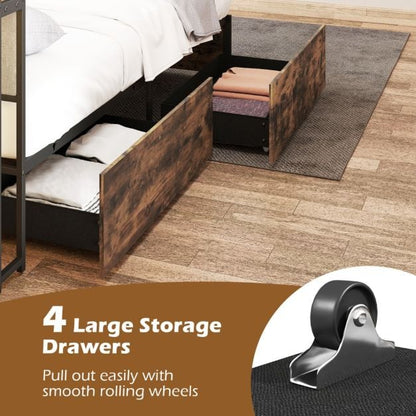 Industrial Metal Platform Bed with LED Lights  and USB Power Outlets -King Size