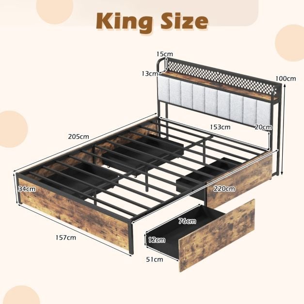 Industrial Metal Platform Bed with LED Lights  and USB Power Outlets -King Size