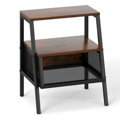 3-Tier Industrial Nightstand with 2 Open Shelves and Metal Mesh Compartment-Rustic Brown