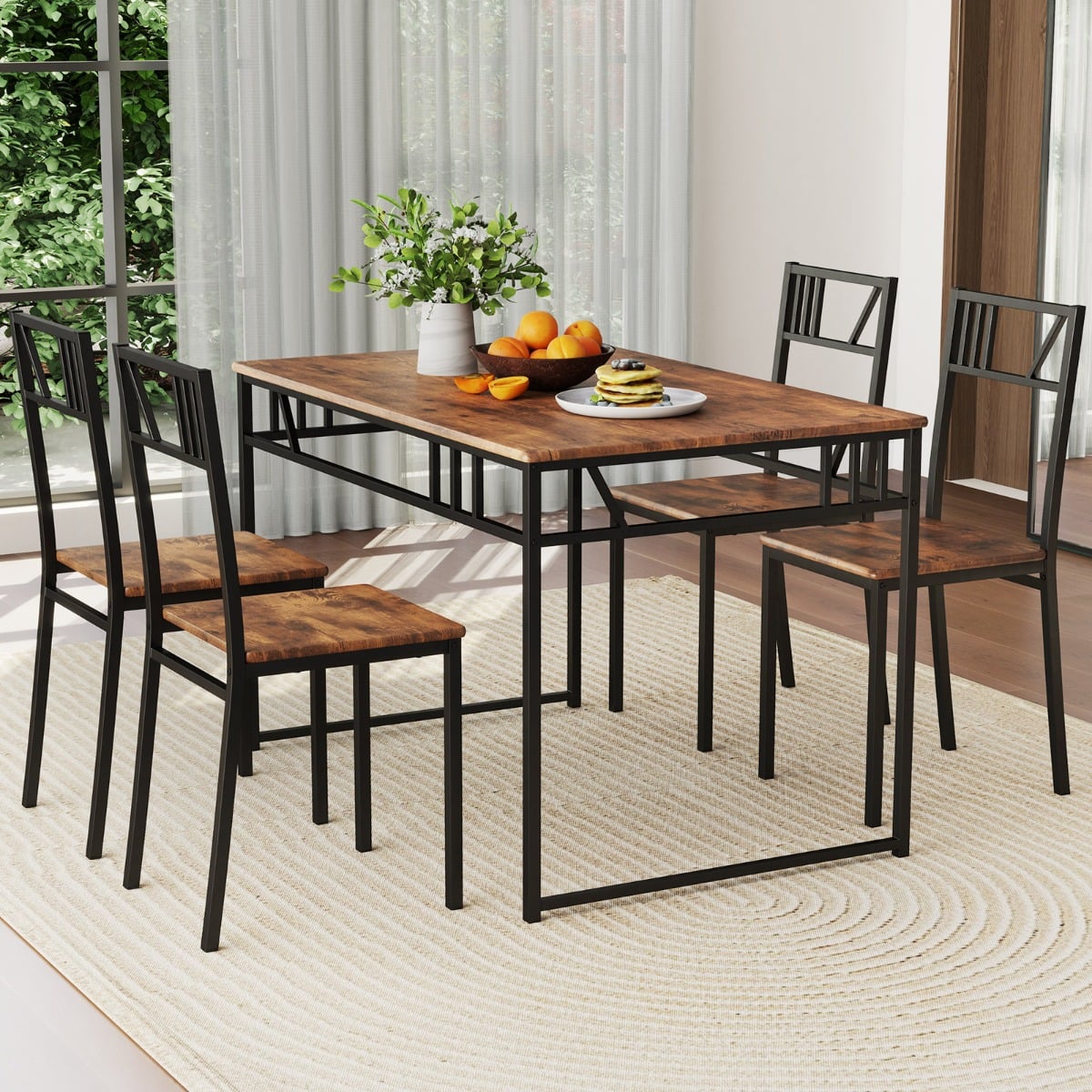 Industrial-Style Kitchen Table and 4 Chairs with Wood Like Tabletop and Metal Frame-Brown