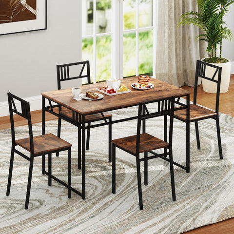 Industrial-Style Kitchen Table and 4 Chairs with Wood Like Tabletop and Metal Frame-Brown
