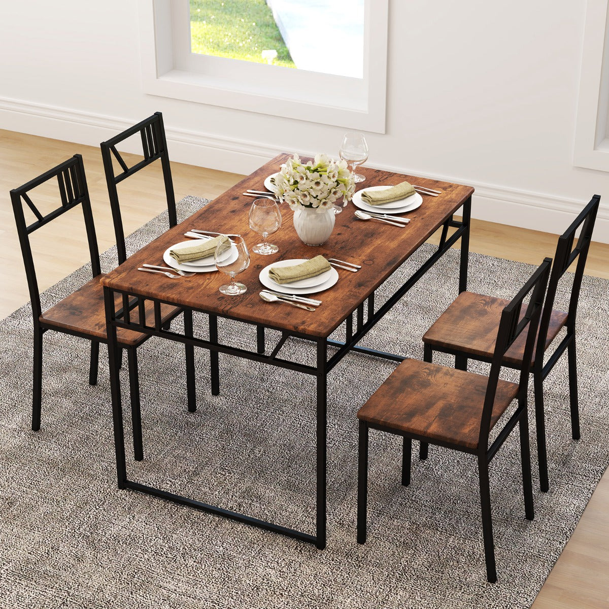 Industrial-Style Kitchen Table and 4 Chairs with Wood Like Tabletop and Metal Frame-Brown