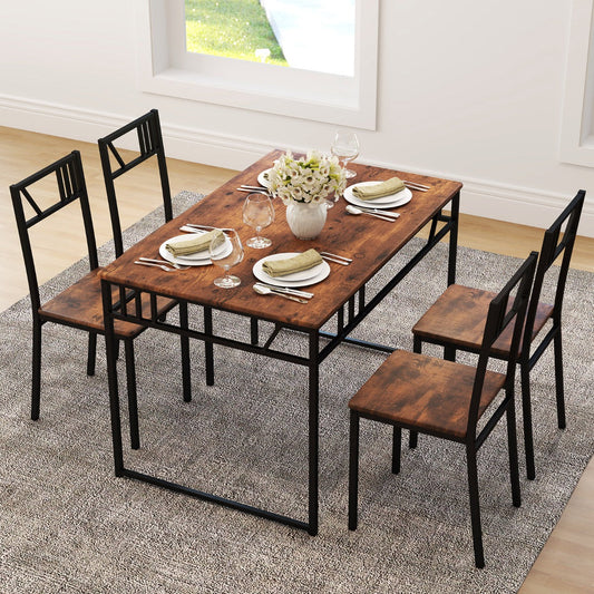 Industrial-Style Kitchen Table and 4 Chairs with Wood Like Tabletop and Metal Frame-Brown