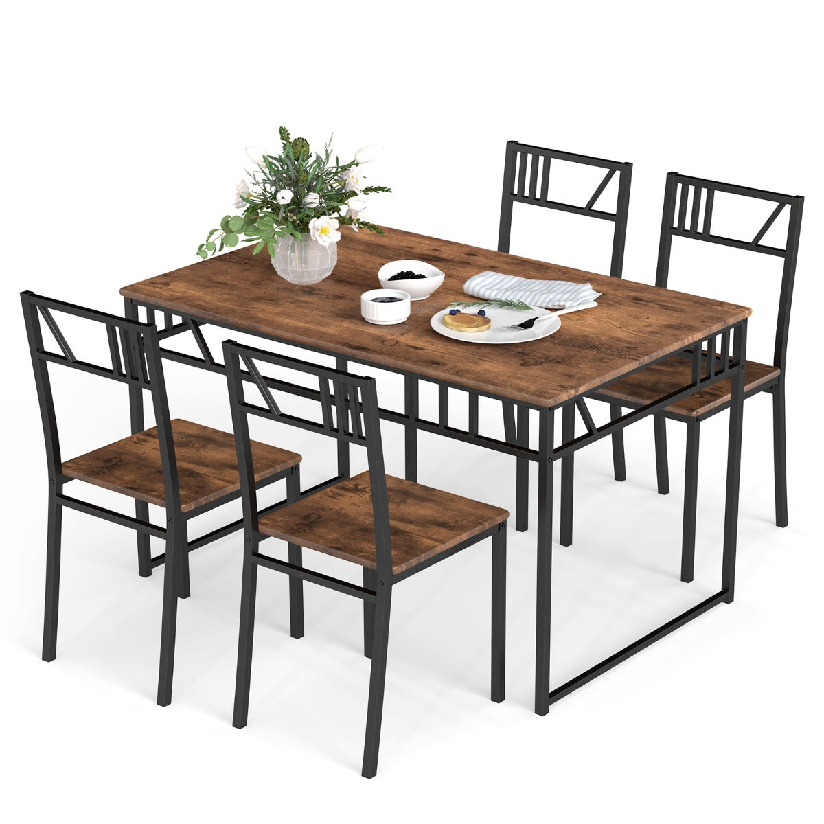 Industrial-Style Kitchen Table and 4 Chairs with Wood Like Tabletop and Metal Frame-Brown