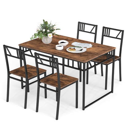 Industrial-Style Kitchen Table and 4 Chairs with Wood Like Tabletop and Metal Frame-Brown