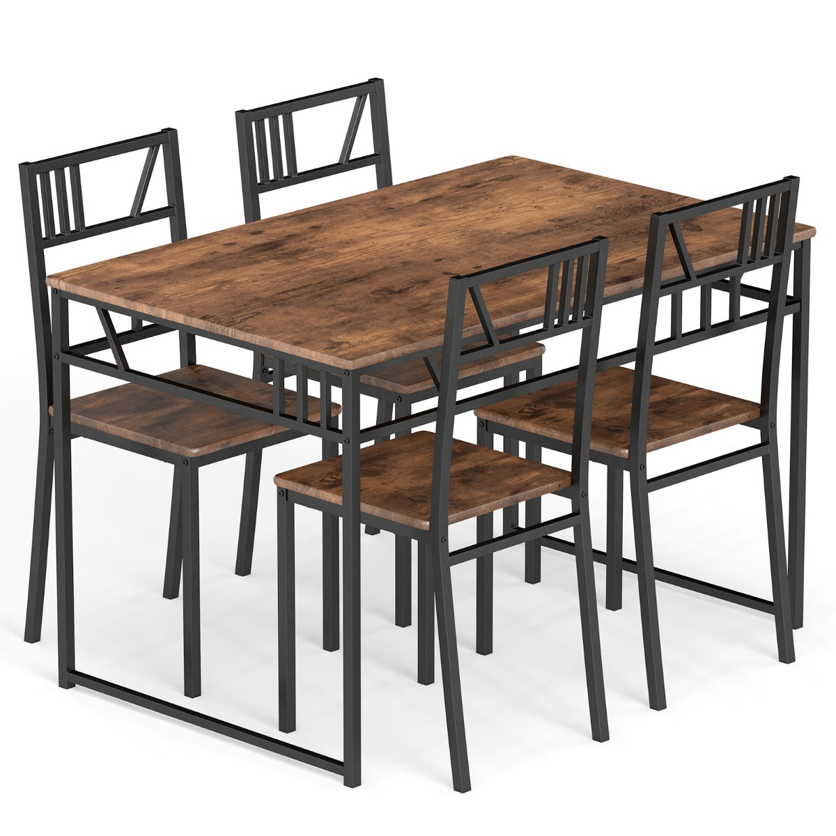 Industrial-Style Kitchen Table and 4 Chairs with Wood Like Tabletop and Metal Frame-Brown
