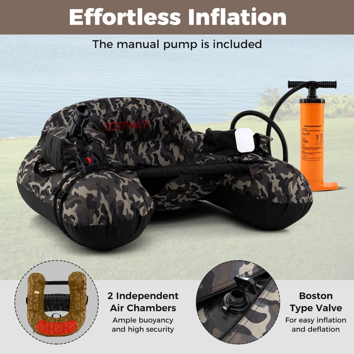 Inflatable Float Tube Fishing River Float with Adjustable Fishing Rod Holder-Colourful
