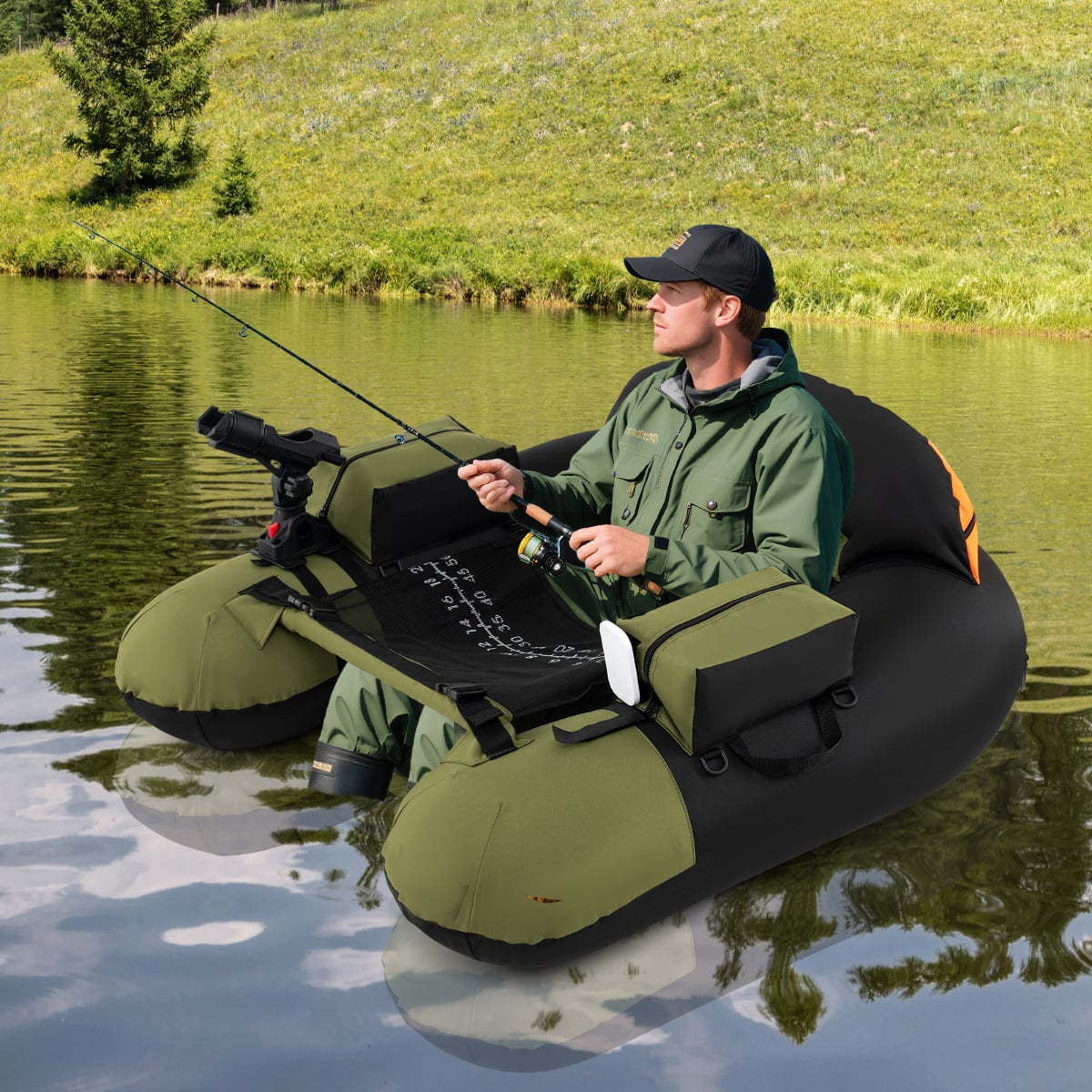 Inflatable Float Tube Fishing River Float with Adjustable Fishing Rod Holder-Green