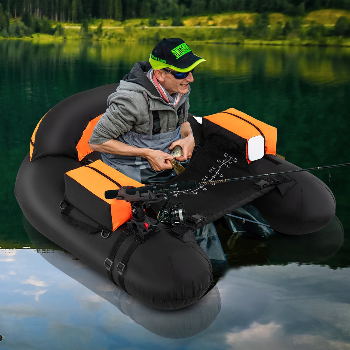 Inflatable Float Tube Fishing River Float with Adjustable Fishing Rod Holder-Orange