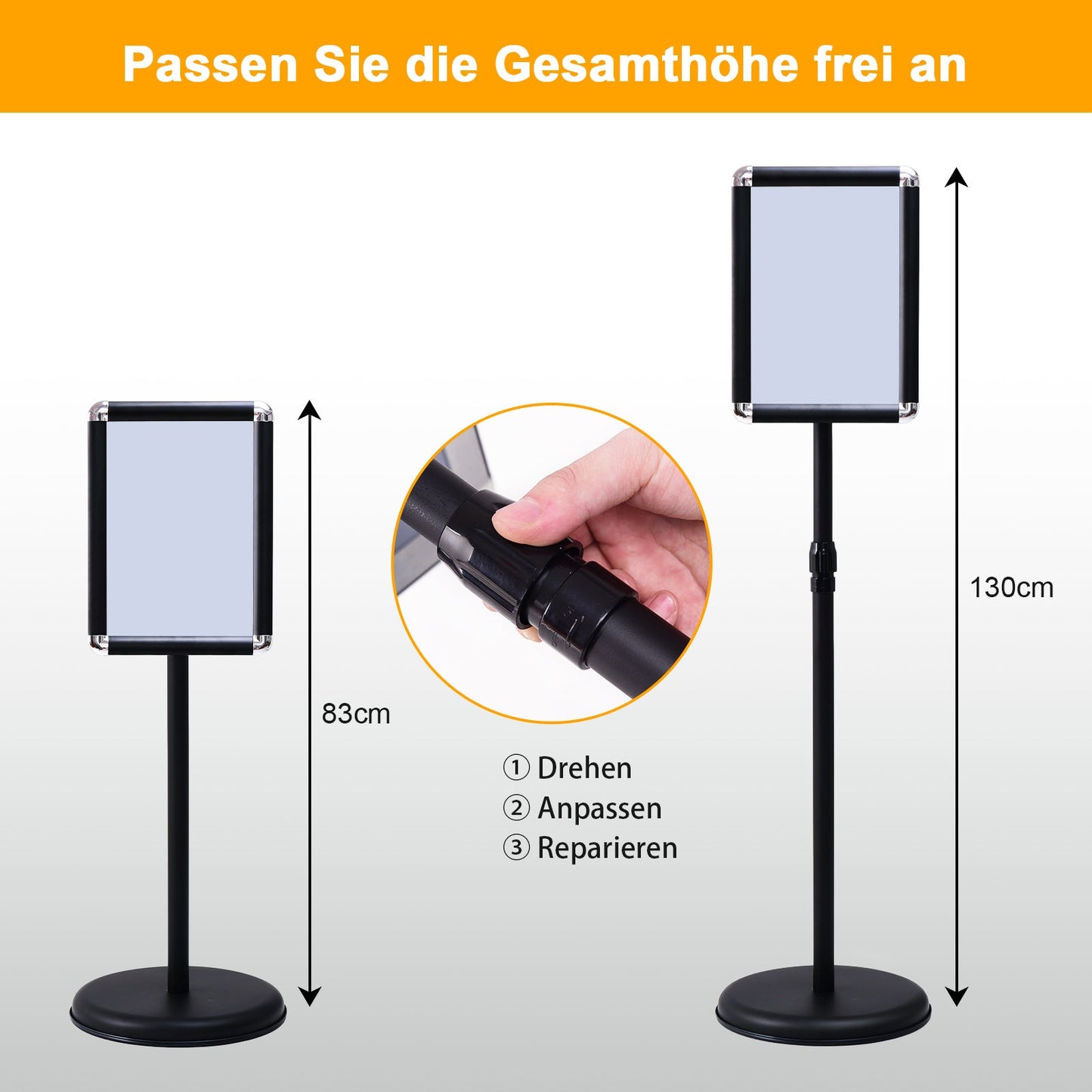 Freestanding Floor Standing Whiteboard, Rotating Aluminum Display Stand with Adjustable Height 83-130cm Black