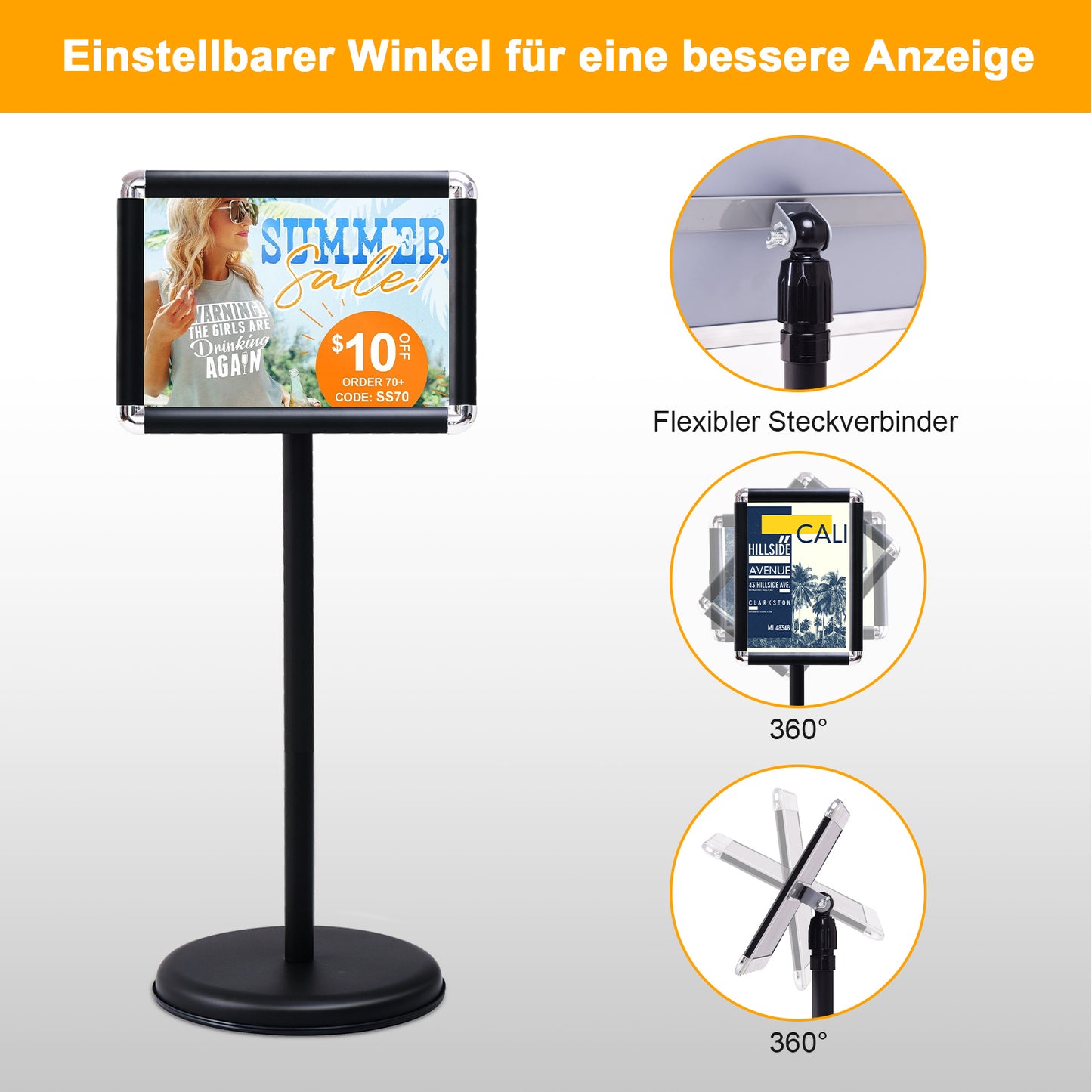 Freestanding Floor Standing Whiteboard, Rotating Aluminum Display Stand with Adjustable Height 83-130cm Black