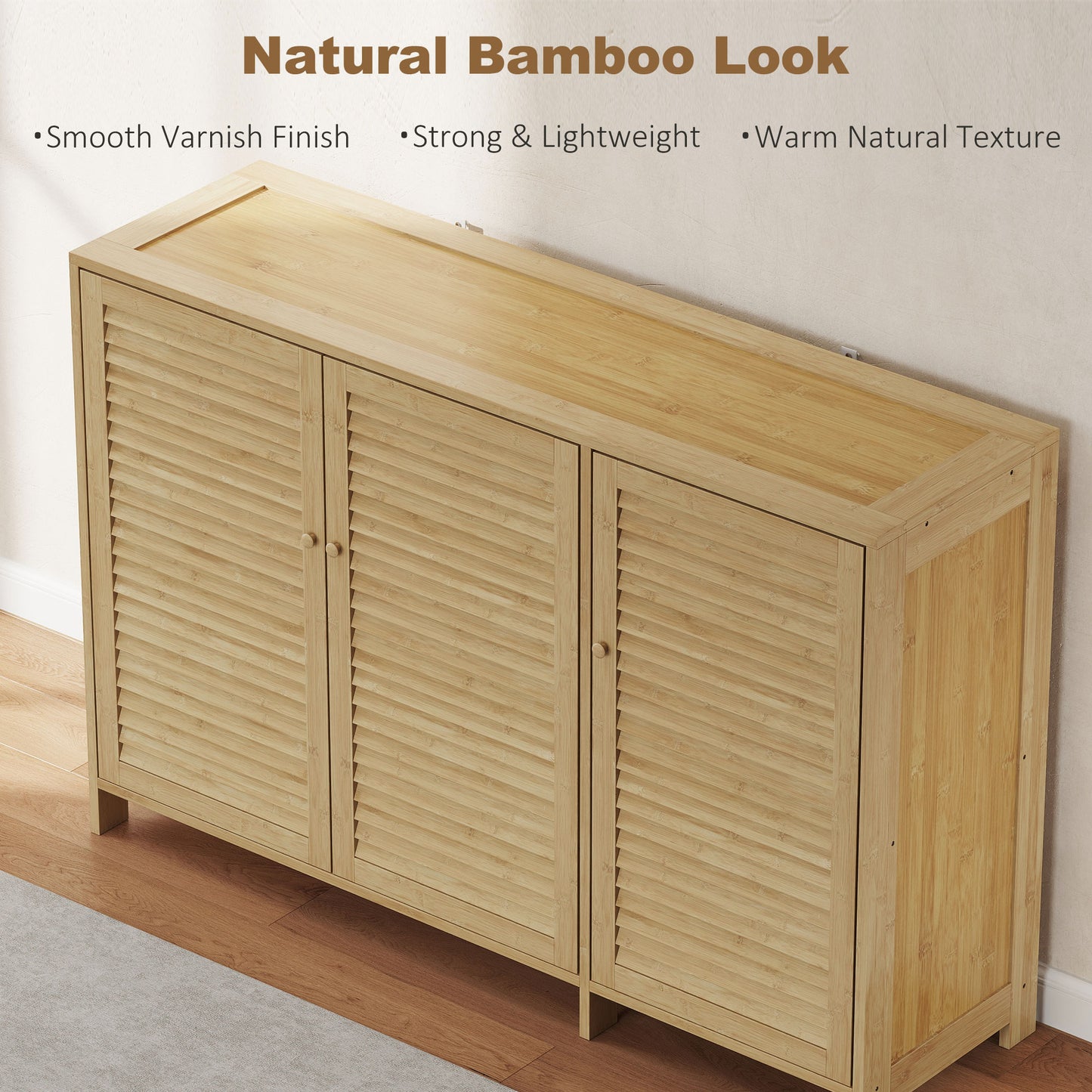 HOMCOM Bamboo Shoe Cabinet with Louvered Doors, 18 Pairs Shoe Storage Cabinet with Adjustable Shelves for Hallway, Natural