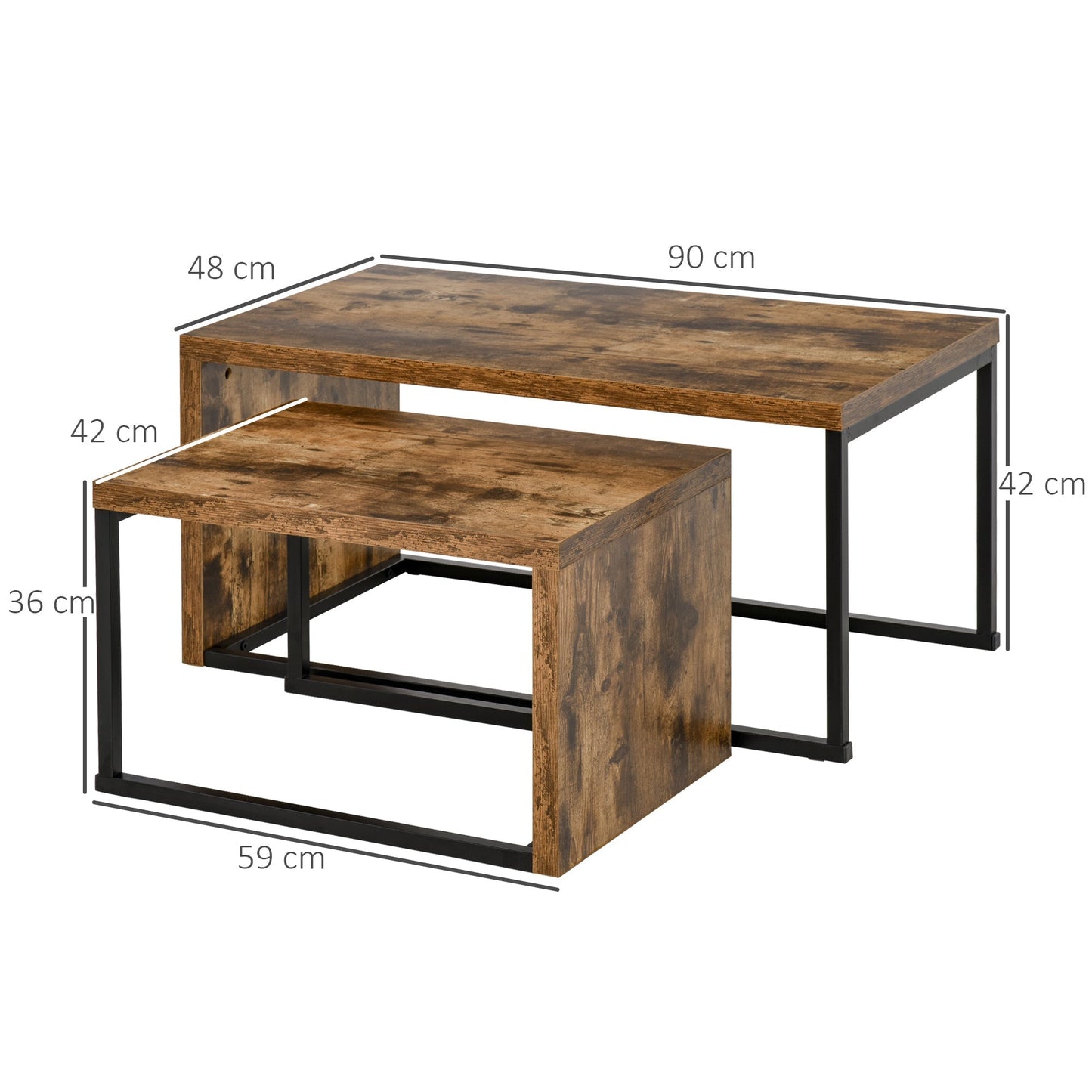 HOMCOM Coffee Tables Set of 2, Industrial Nest of Tables with Metal Frame for Living Room Bedroom, Rustic Brown