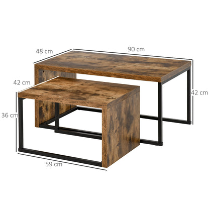 HOMCOM Coffee Tables Set of 2, Industrial Nest of Tables with Metal Frame for Living Room Bedroom, Rustic Brown