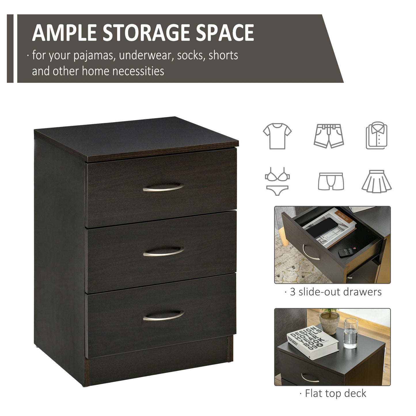 HOMCOM Three-Drawer Simple Bedside Table - Black