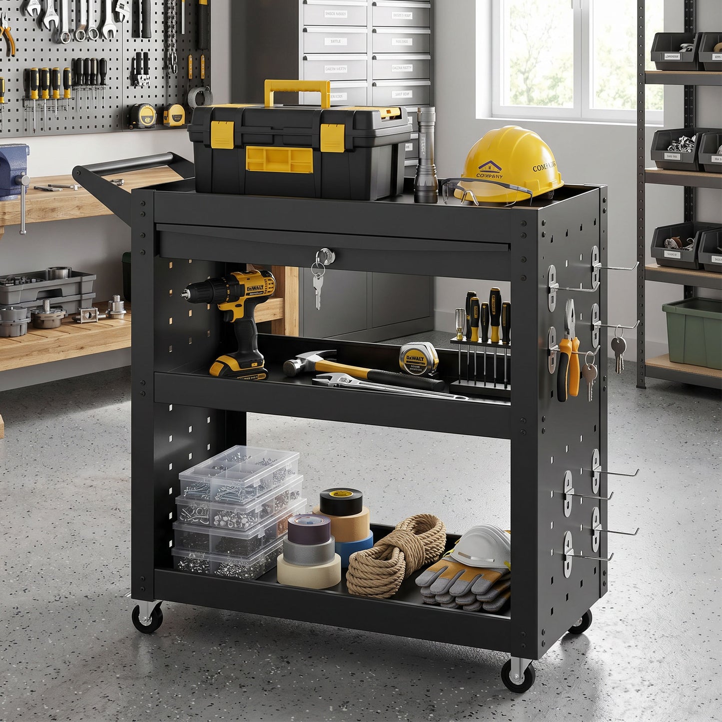 HOMCOM Tool Cart with Lockable Wheels, Rolling Workshop Cart with 3-Tier Trays, Drawer, Pegboards, Black