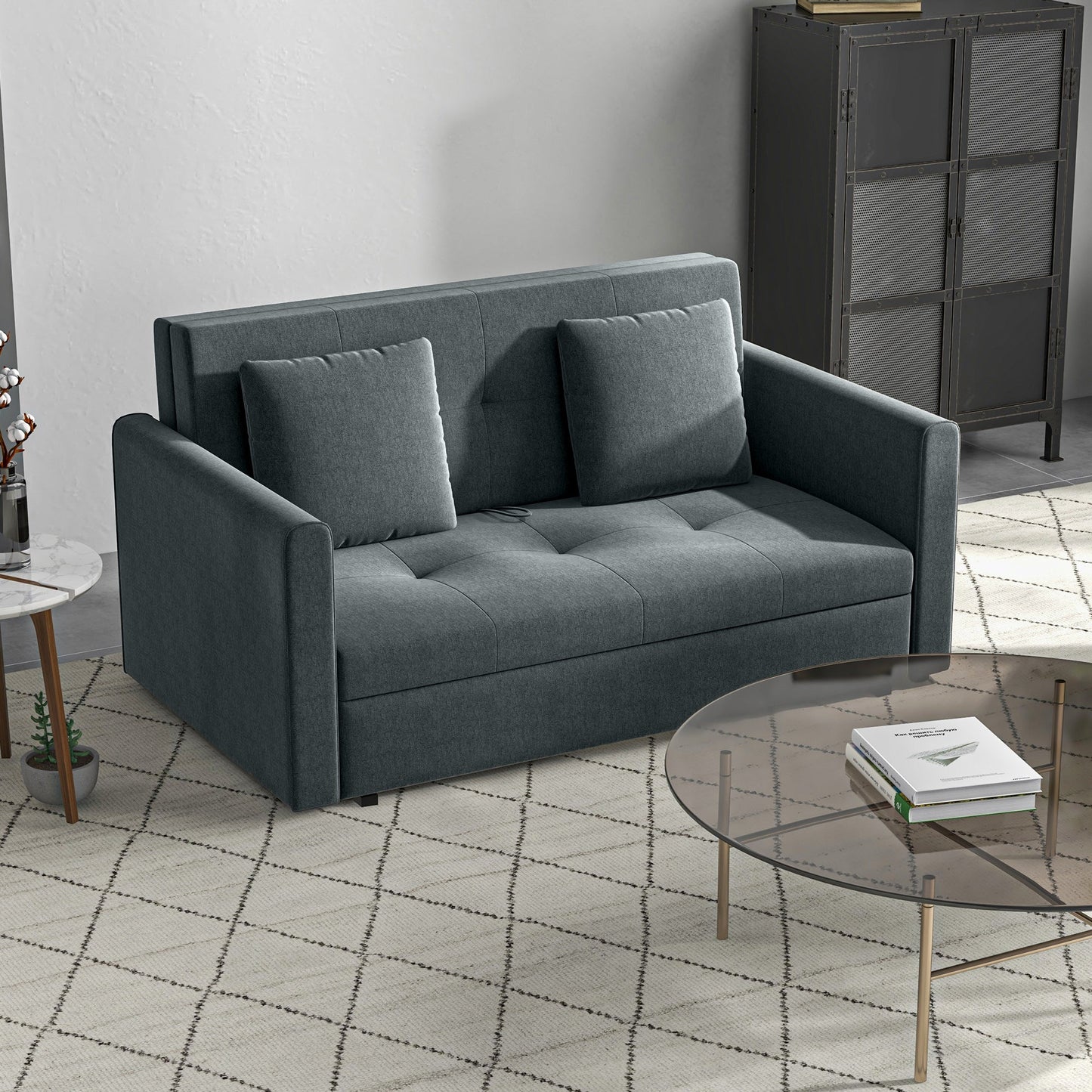 HOMCOM 2 Seater Sofa Bed, Convertible Bed Settee, Modern Velvet Loveseat Sofa Couch with 2 Cushions, Hidden Storage for Living Room, Guest Room, Dark Grey