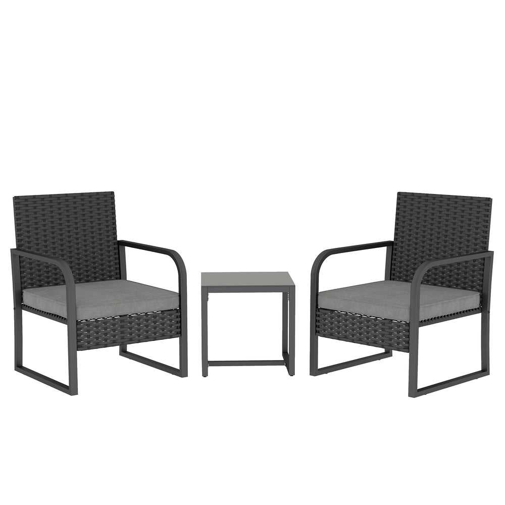 Outsunny Rattan Bistro Set, 3 Piece Garden Furniture Set with Cushions and Glass Top Table, Black