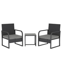 Outsunny Rattan Bistro Set, 3 Piece Garden Furniture Set with Cushions and Glass Top Table, Black