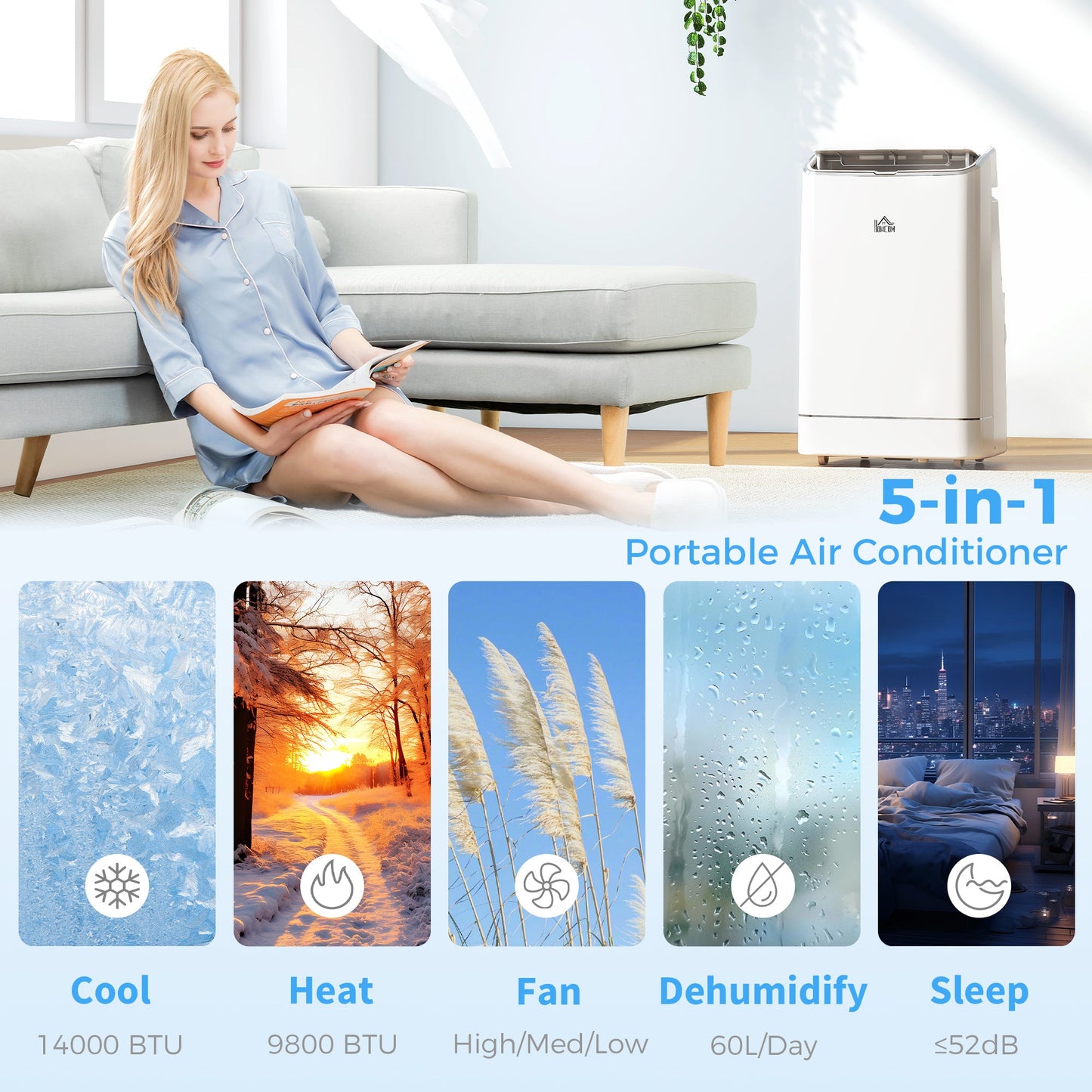 HOMCOM 14000 BTU Mobile Air Conditioner, Smart Home WiFi Compatible, with Heater, Cooler, Dehumidifier, Fan, 24H Timer