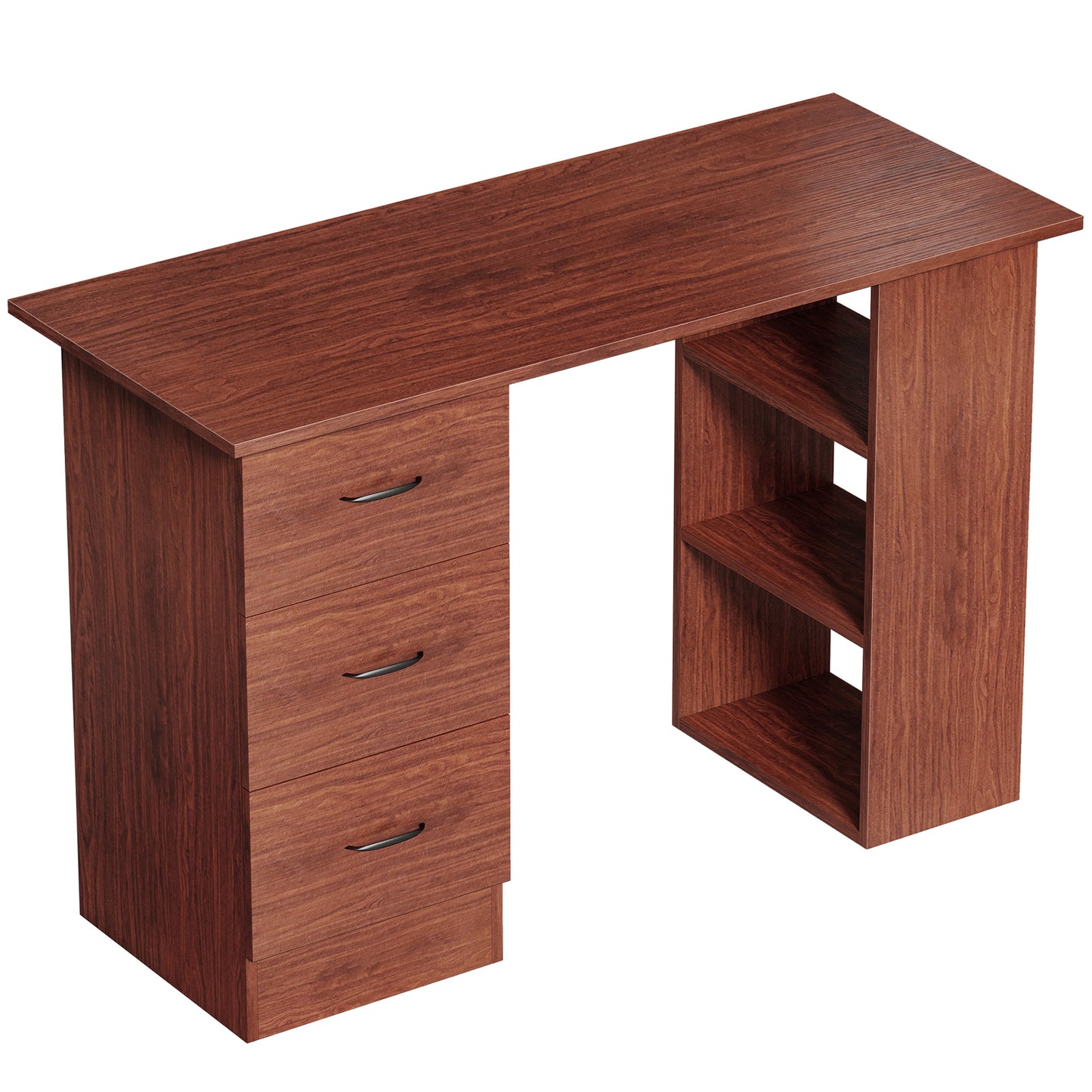 HOMCOM Computer Desk, Writing Table, PC Workstation with 3 Storage Shelves and Drawers, Handle, for Home Office, Walnut Brown