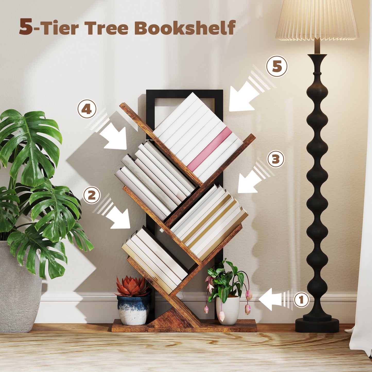 HOMCOM Four-Section Tree Bookcase - Wood-Effect
