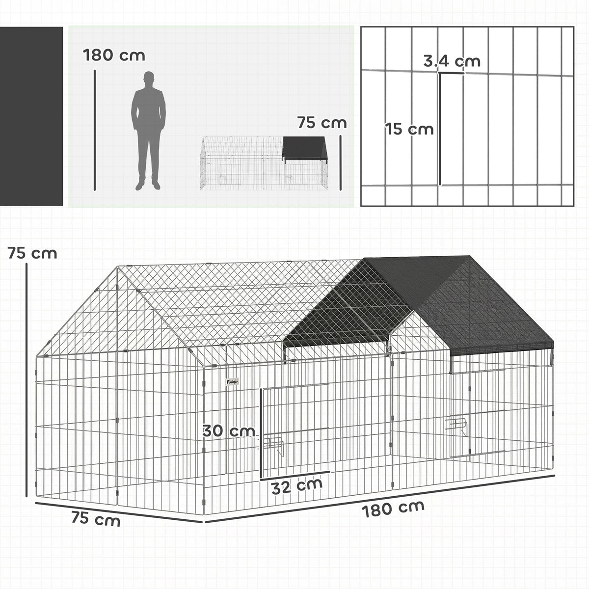 PawHut Rabbit Run with Protective Cover for Small Animals, Chickens, Guinea Pigs, Tortoises, 180 x 75 x 75 cm, Black