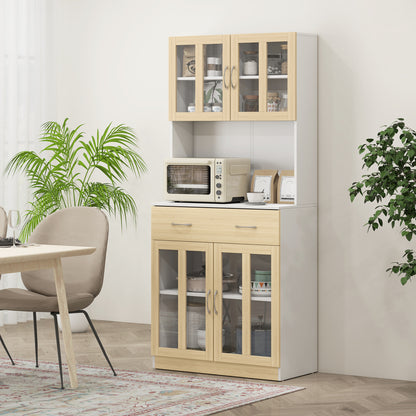 HOMCOM Modern Kitchen Cupboard, Freestanding Storage Cabinet Hutch with Central Drawer, 2 Glass Door Cabinets, White