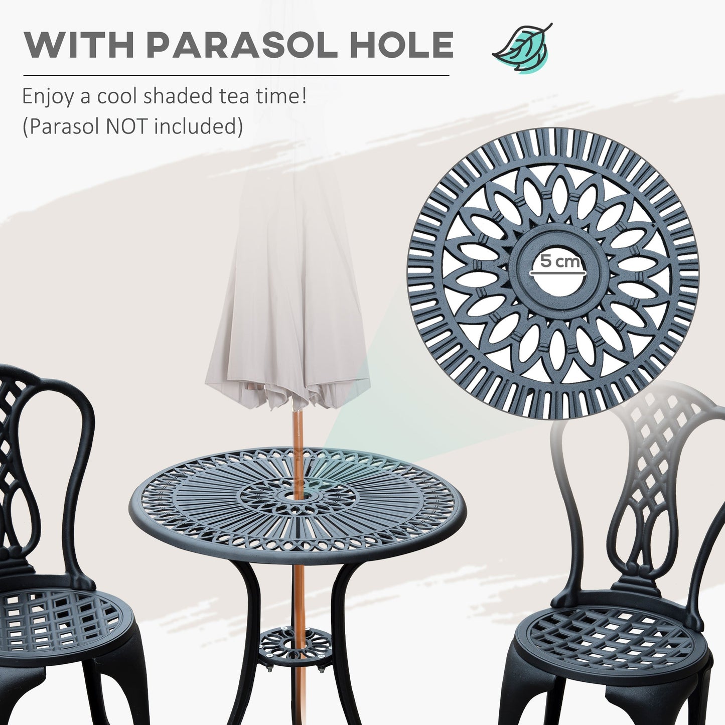 Outsunny 3 Piece Patio Cast Aluminium Bistro Set Garden Outdoor Furniture Table and Chairs Shabby Chic Style