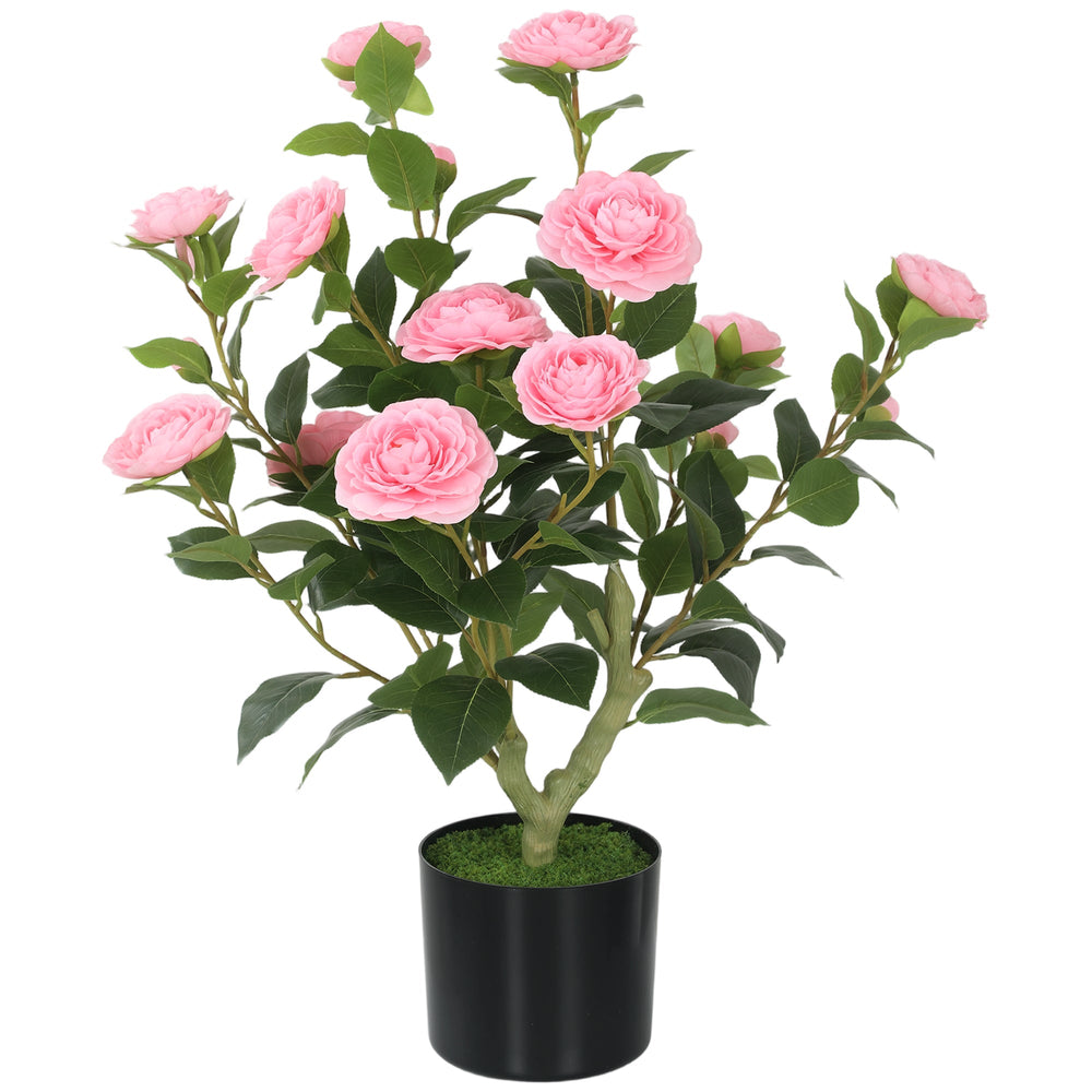 HOMCOM 65cm Artificial Camellia Flower Plant in Pot with 116 Lush Leaves & Moss Effect, Pink