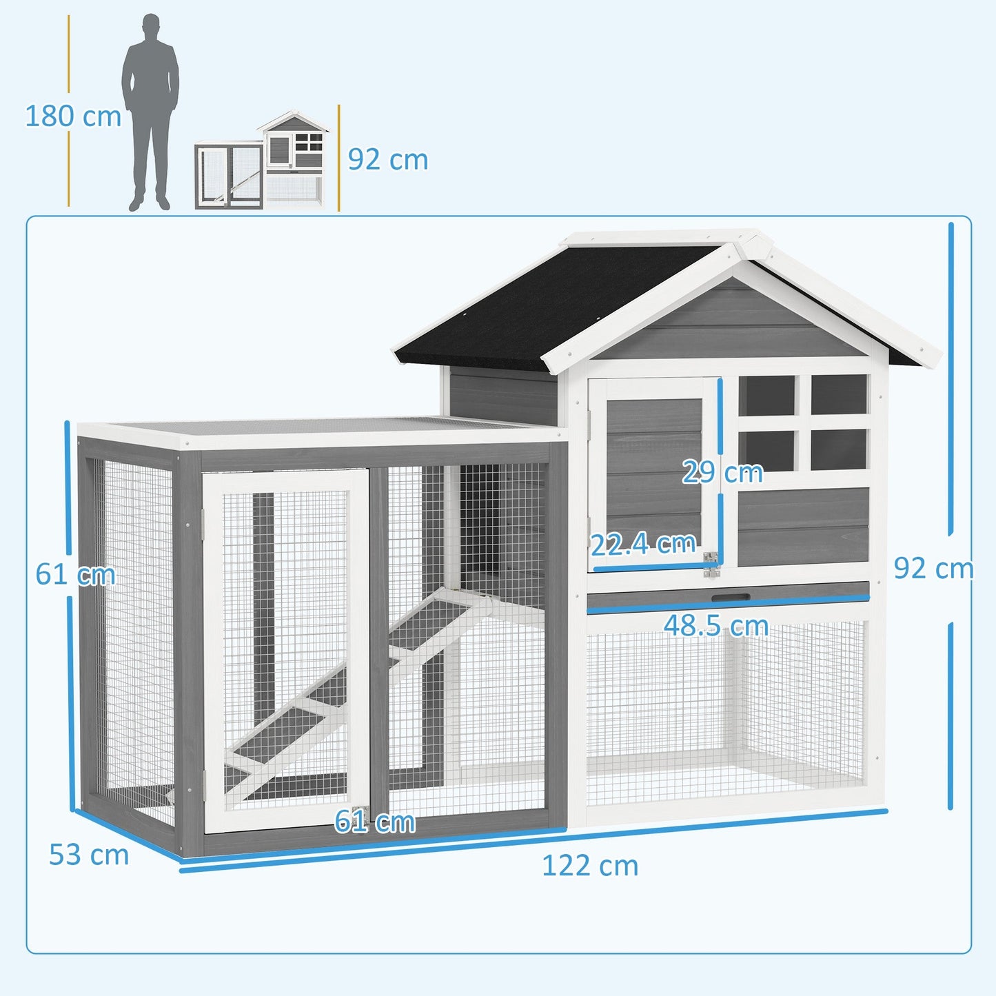 PawHut Rabbit Hutch Outdoor Wooden Guinea Pig Hutch Rabbit Run Bunny Cage Small Animal House Pull-Out Tray, Grey, 122 x 62.6 x 92 cm