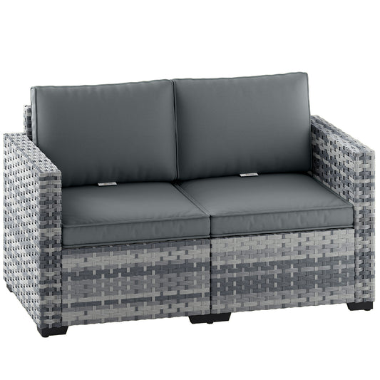 Outsunny 2 Seater Rattan Sofa, Outdoor Garden Sofa with Deep Seat, Cushions, Wide Armrests for Patio, Balcony, Porch, Mixed Grey