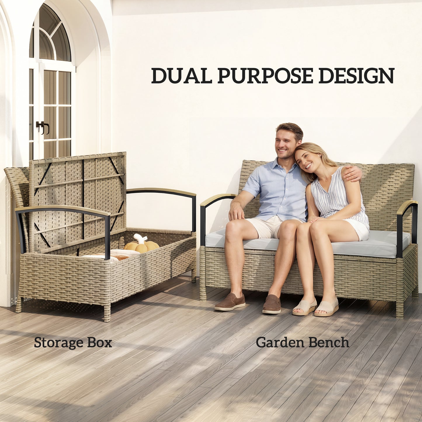 Outsunny 125L Garden Storage Bench, 2 Seater PE Rattan Outdoor Bench Storage Box with Padded Cushion, Khaki
