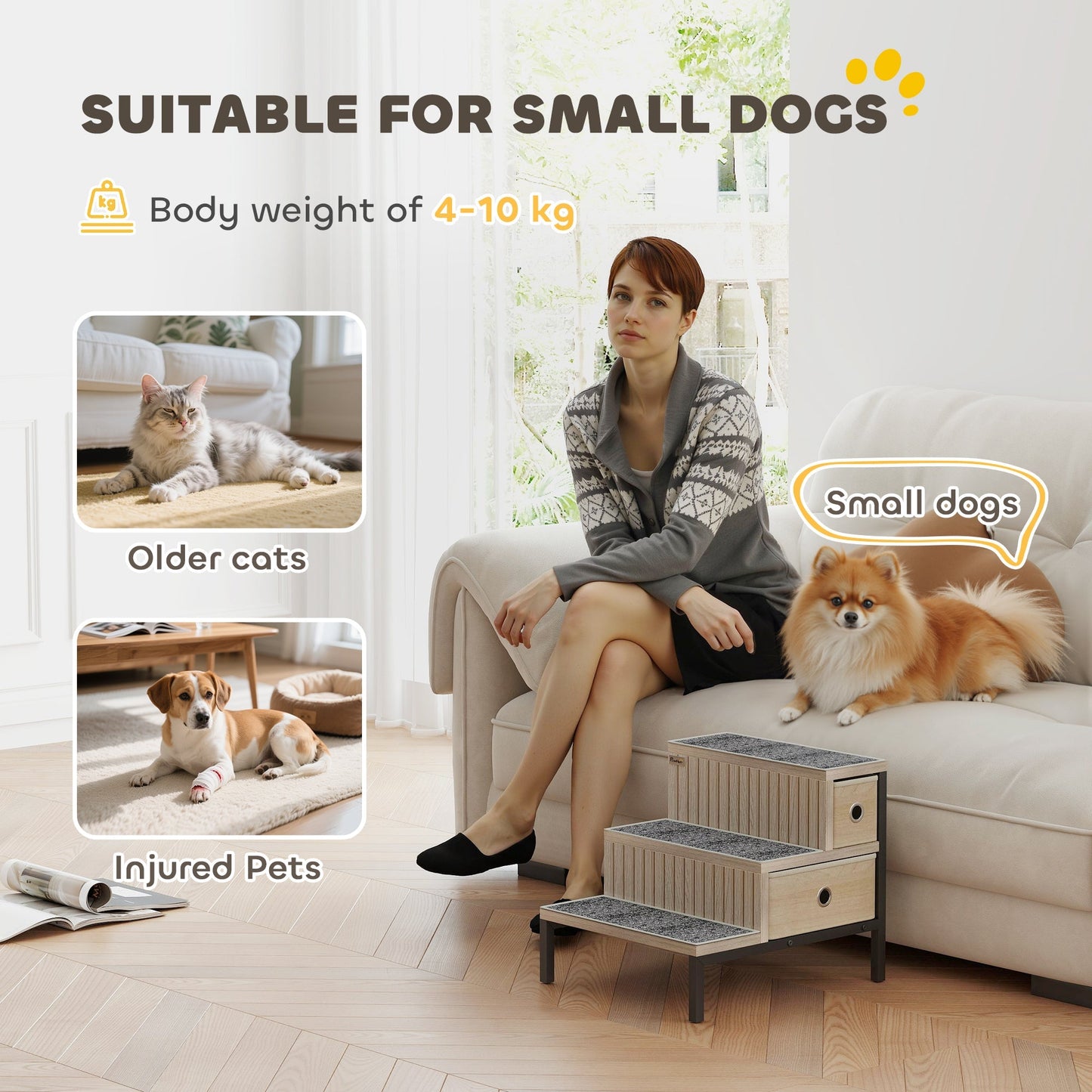 PawHut Dog Stairs with Storage, Non-Slip Cover, Pet Steps for Small Dogs & Older Cats, for Sofa, High Bed, Oak Tone
