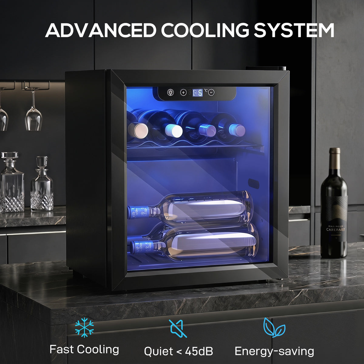HOMCOM 12 Bottle Wine Cooler, 36 Litre Capacity, 4-16°C Tabletop Drinks Wine Fridge with Glass Door, LED Light, Black