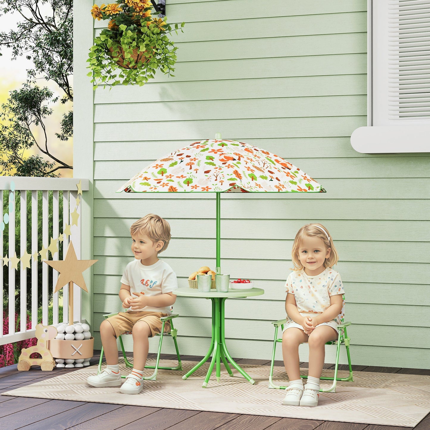 AIYAPLAY 4-Piece Kids Garden Table and Chair Set with Adjustable Parasol, Folding Chairs, Table, Nature Pattern, Green