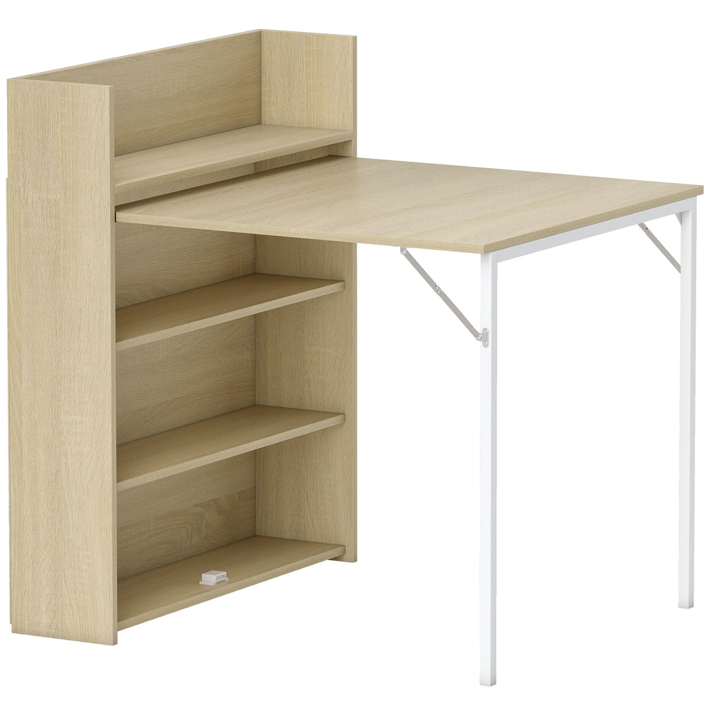 HOMCOM Kitchen Table, Folding Dining Table, with 4-Tier Shelves, Modern Drop-Leaf Table, Oak Wood Effect