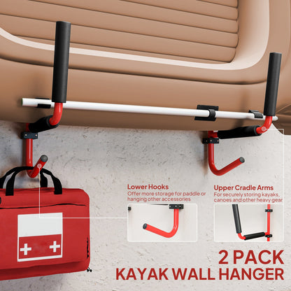 HOMCOM Kayak Canoe Heavy Duty Wall Mounted Storage Holder Rack Heavy Duty Storing Hangers Red