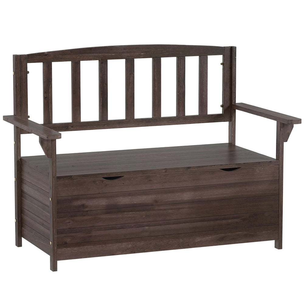 Outsunny Outdoor 2 Seater Garden Bench, Wooden Bench with Storage, Backrest, Arm Rests, 112 x 84 x 58 cm, Brown