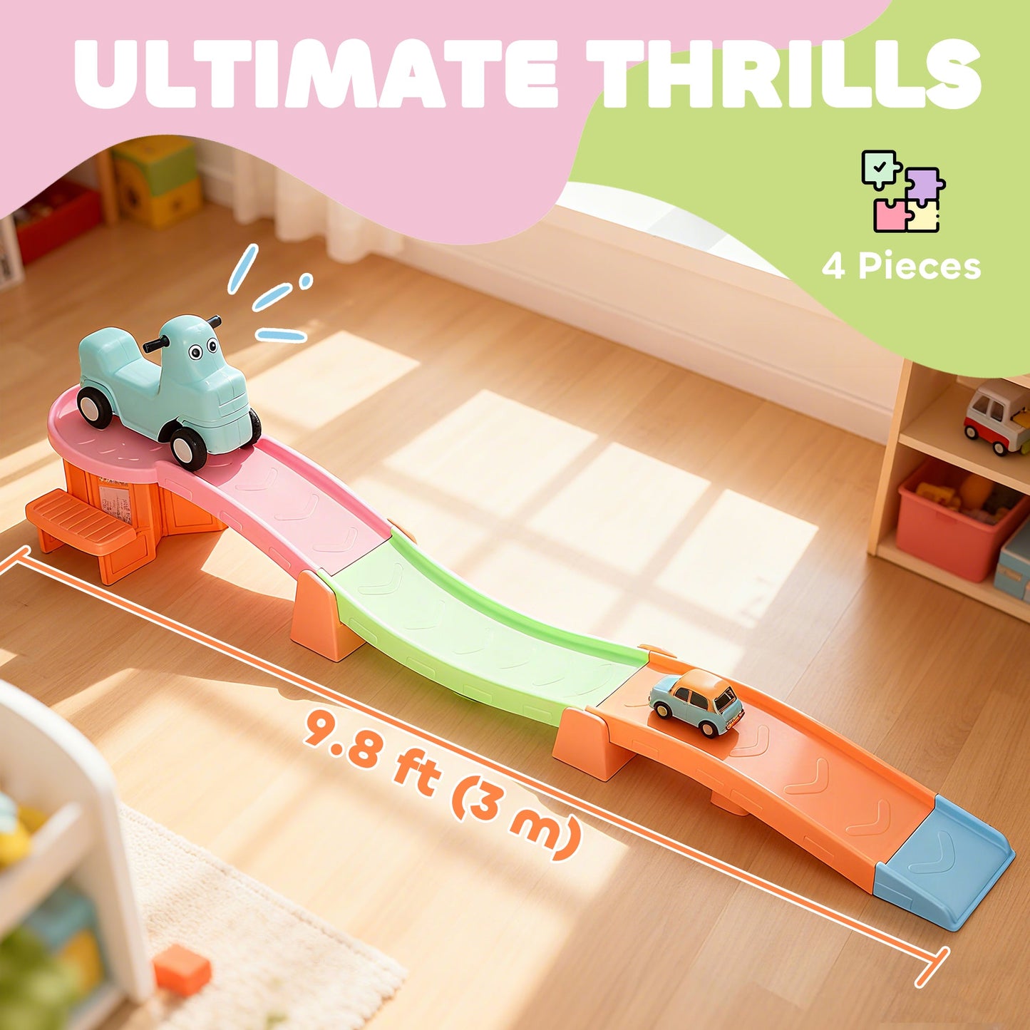 AIYAPLAY 3(m) Four-Piece Ride on Kids Roller Coaster w/ Non-Slip Steps, for Ages 2-5 Years - Orange