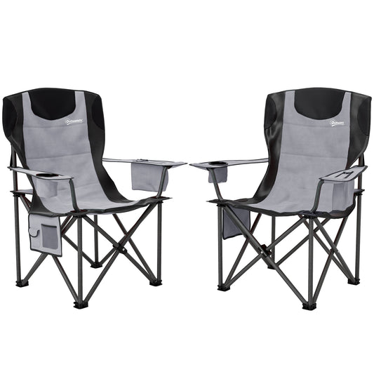 Outsunny Set of 2 Folding Camping Chairs, Padded Camping Chairs with Adjustable Armrests, Portable & Lightweight Folding Camp Chair with Cooler Bag, Cup Holder and Side Pockets, Grey
