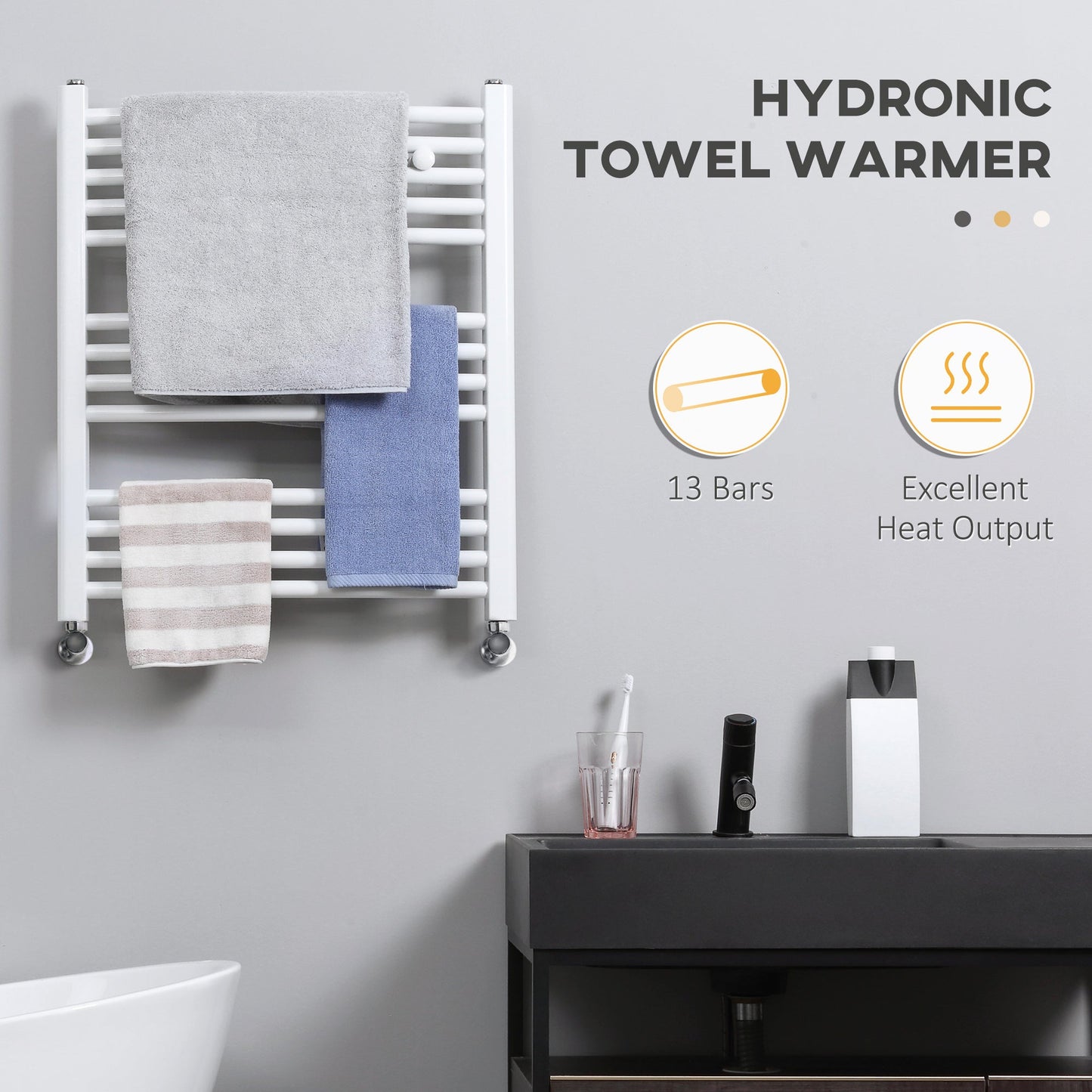 HOMCOM Curved Heated Towel Rail, Hydronic Bathroom Ladder Radiator Towel Warmer For Central Heating 600mm x 700mm, White