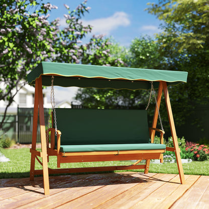 Outsunny 3 Seater 2-in-1 Wooden Garden Swing Seat Swing Chair, Outdoor Convertible Hammock Bench w/cushion, Furniture Lounger Bed, Dark Green