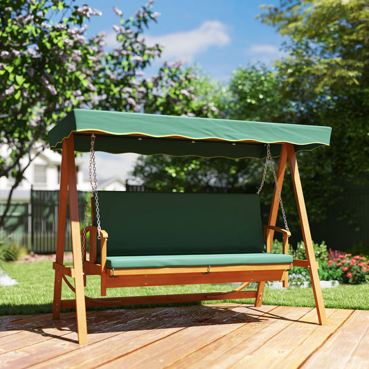 Outsunny 3 Seater 2-in-1 Wooden Garden Swing Seat Swing Chair, Outdoor Convertible Hammock Bench w/cushion, Furniture Lounger Bed, Dark Green