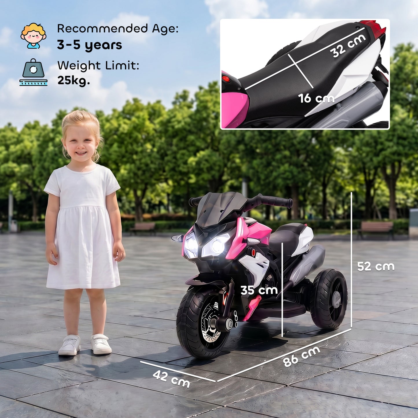 HOMCOM Kids Electric Motorcycle, 6V Ride on Motorcycle with 3 Wheels, LED Headlight, Music, Horn for Boys Girls 3-5 Y, Pink