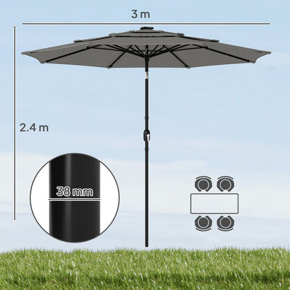 Outsunny Garden Parasol, Parasol Umbrella with 3-tier Roof, Crank Handle, Tilt Function, Polyester Canopy, Grey